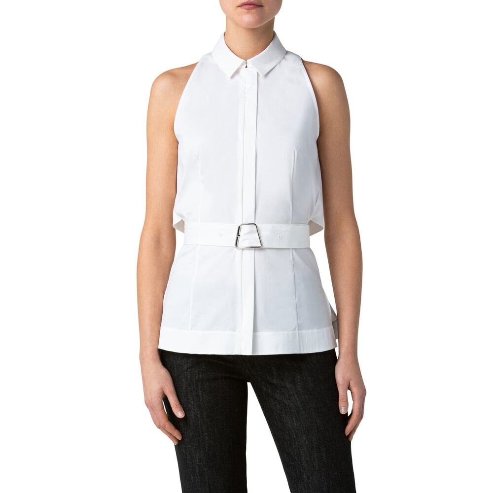 Akris Ecru White Belted Sleeveless Poplin Cape Back Tunic Blouse Size 12‎ NWT